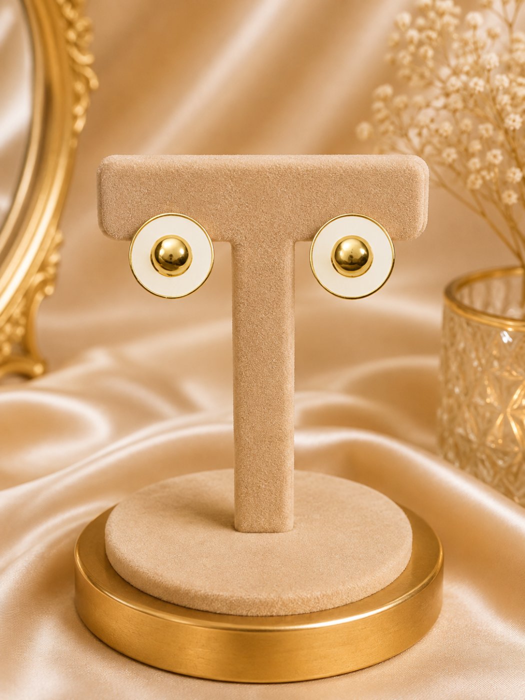Golden Pearl Disc Stud Earrings
