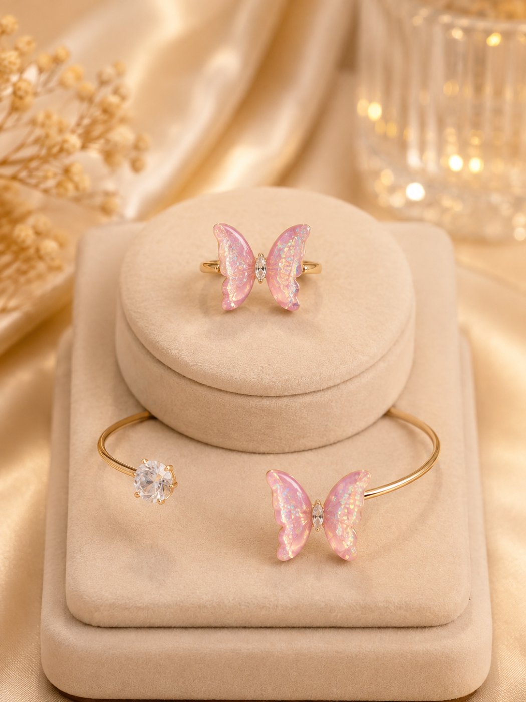 Ethereal Pink Butterfly Ring & Bracelet Set